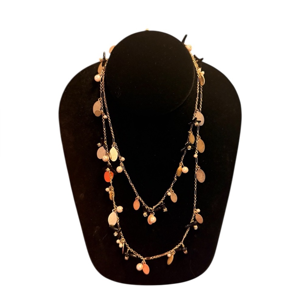 Vintage J. Crew Gold/Pearl/Black Coral 36” Chain Necklace